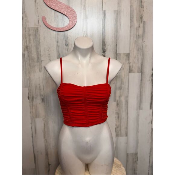 Forever 21 Red Ruched Spaghetti Strap Crop Top Size S - Picture 2 of 8